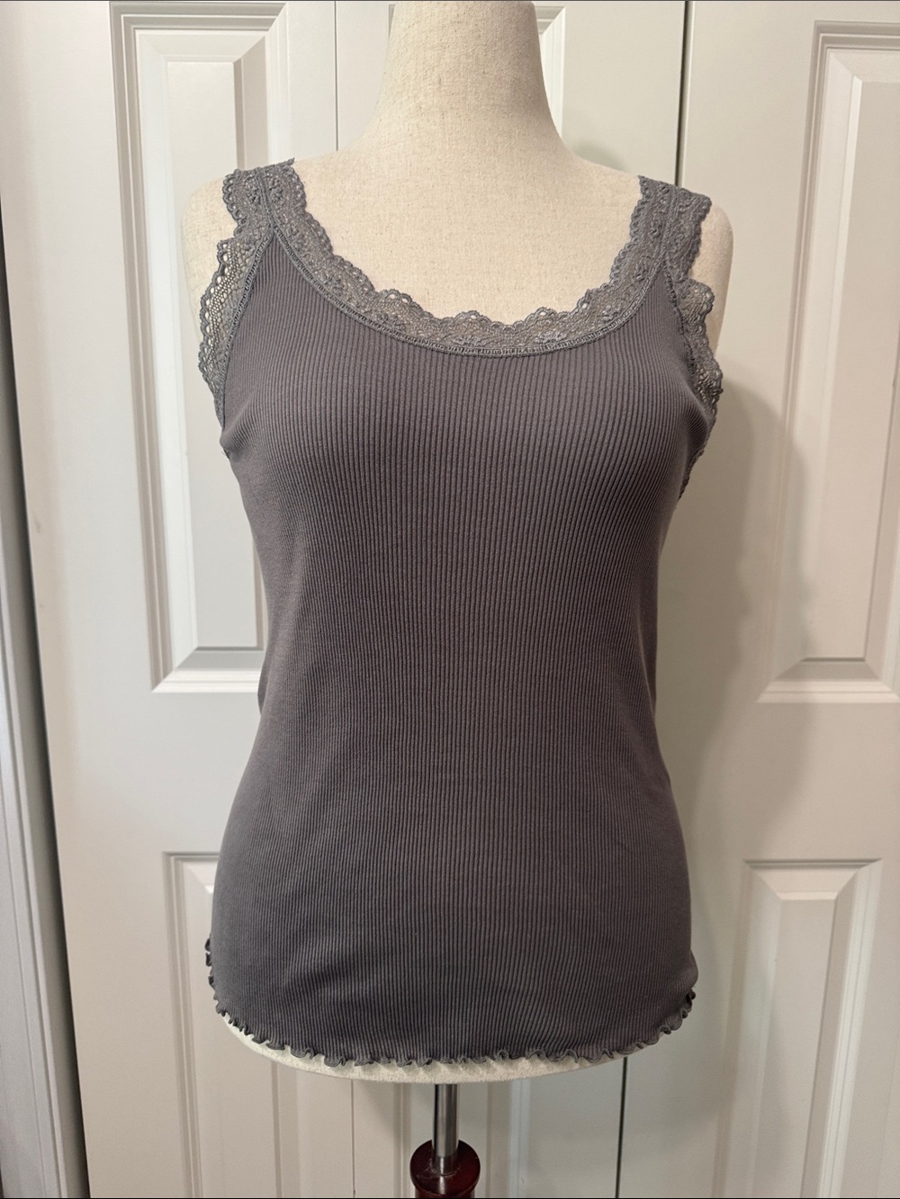 LOFT Ribbed Lace-Trim Tank Top - Gray